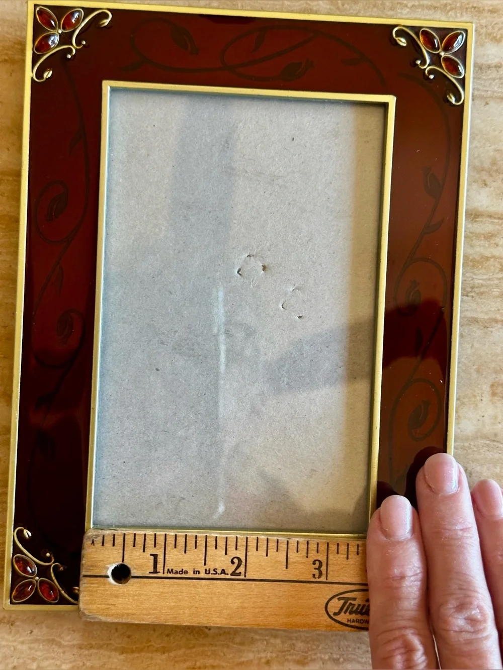 Vntg 2004 Burnes Boston red Enamel picture frame jeweled corner accents 3.5x5.5